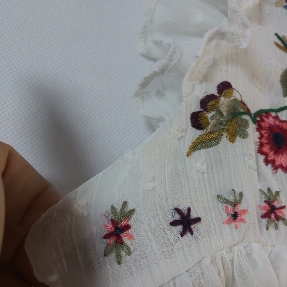 Boho Vintage Chiffon Floral Embroidered Ruffle Peplum Sleeveless Top Size Small - Picture 5 of 7